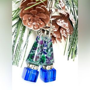 Royal Blue Forest Green Purple Splash Clr Glass Crystal Christmas Tree Earrings